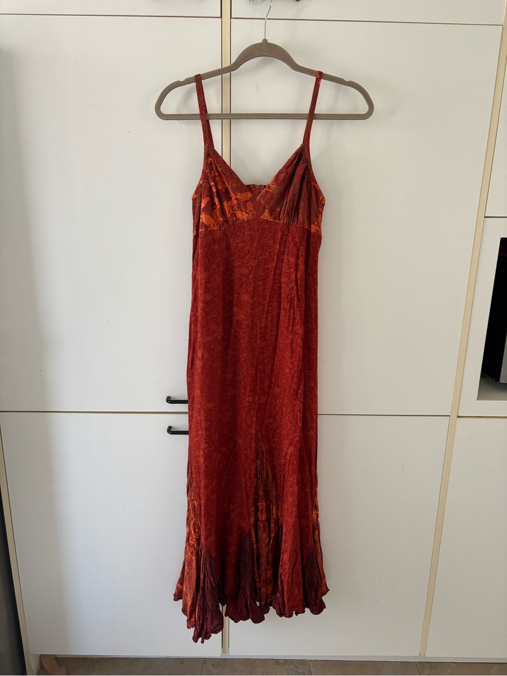 Boho Batik Print Maxi Dress Rust Orange Festival Fairy Grunge Y2K Small Godet - Picture 2 of 14